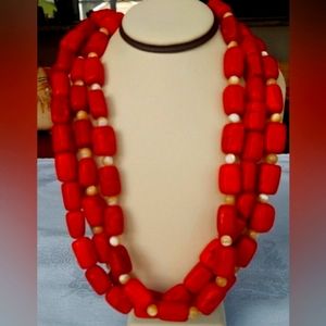 Red Ruby Corundum Chunky Multi-Strand Bead Statement Necklace 925 Silver